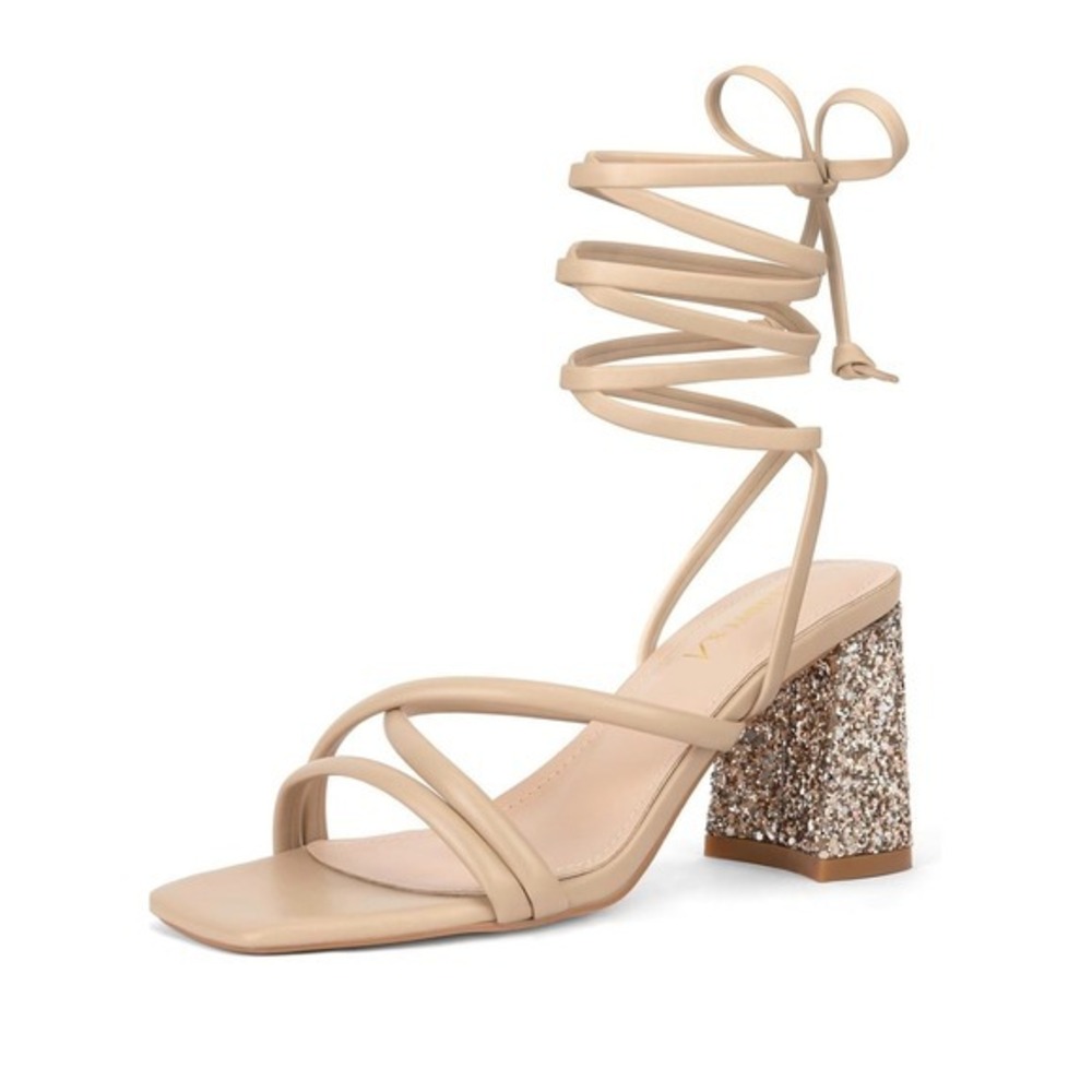 Zelaprox Nude Lace Up Chunky Heel Sandals Glitter Block Heel Square Toe Size 9